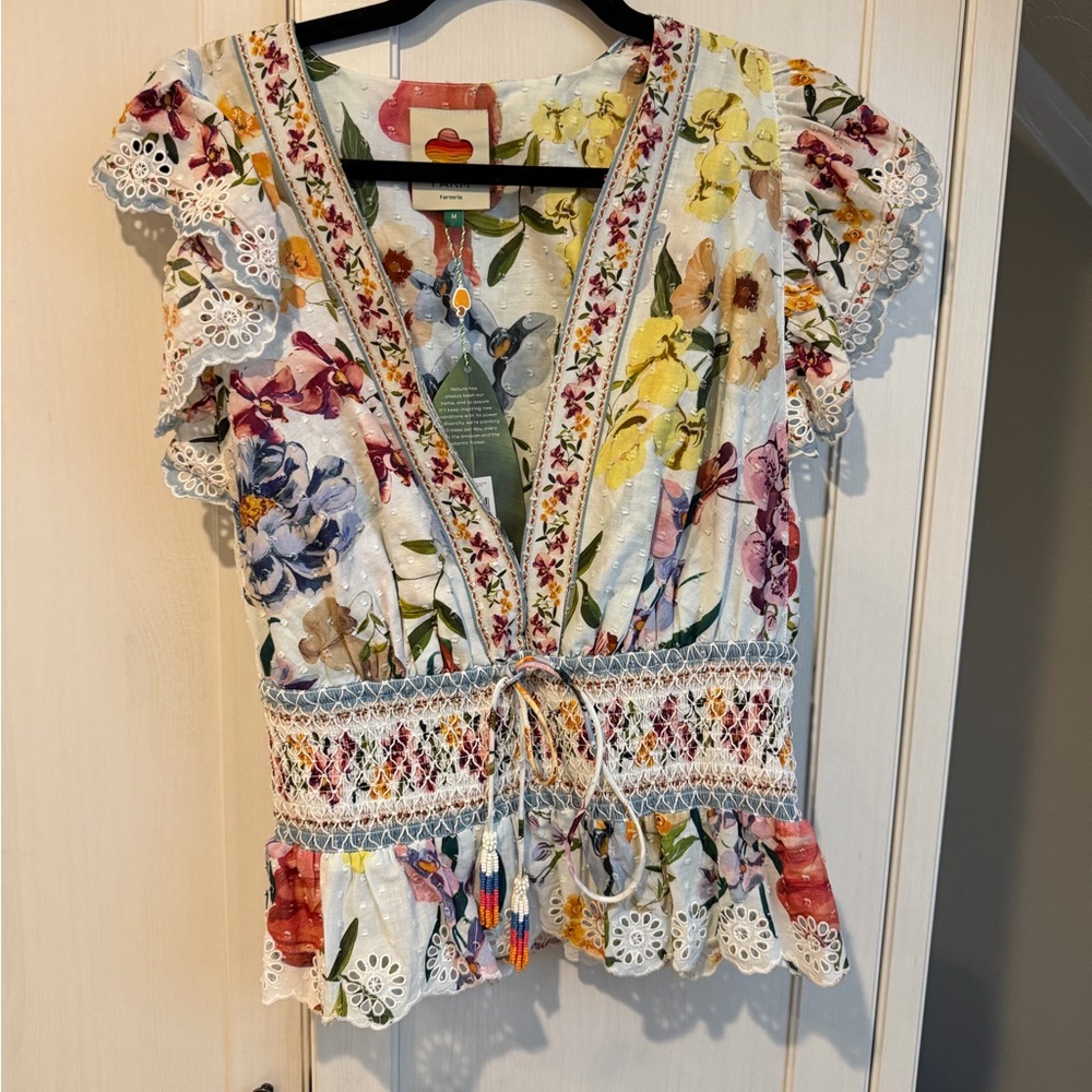 FARM Rio Multicolor Floral Eyelet-Trim Smocked Waist Blouse - Picture 4 of 6